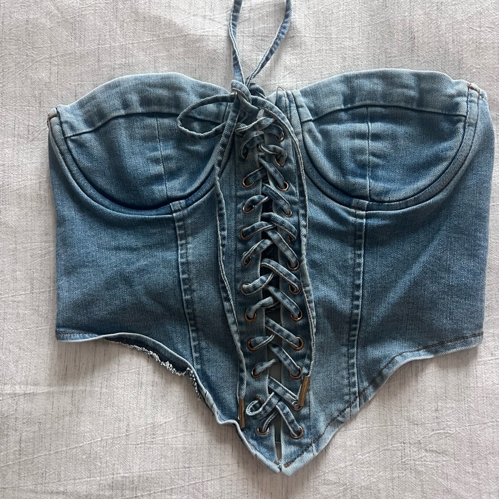 Fashion Nova Blue Lace-Up Denim Crop Top - Picture 3 of 7